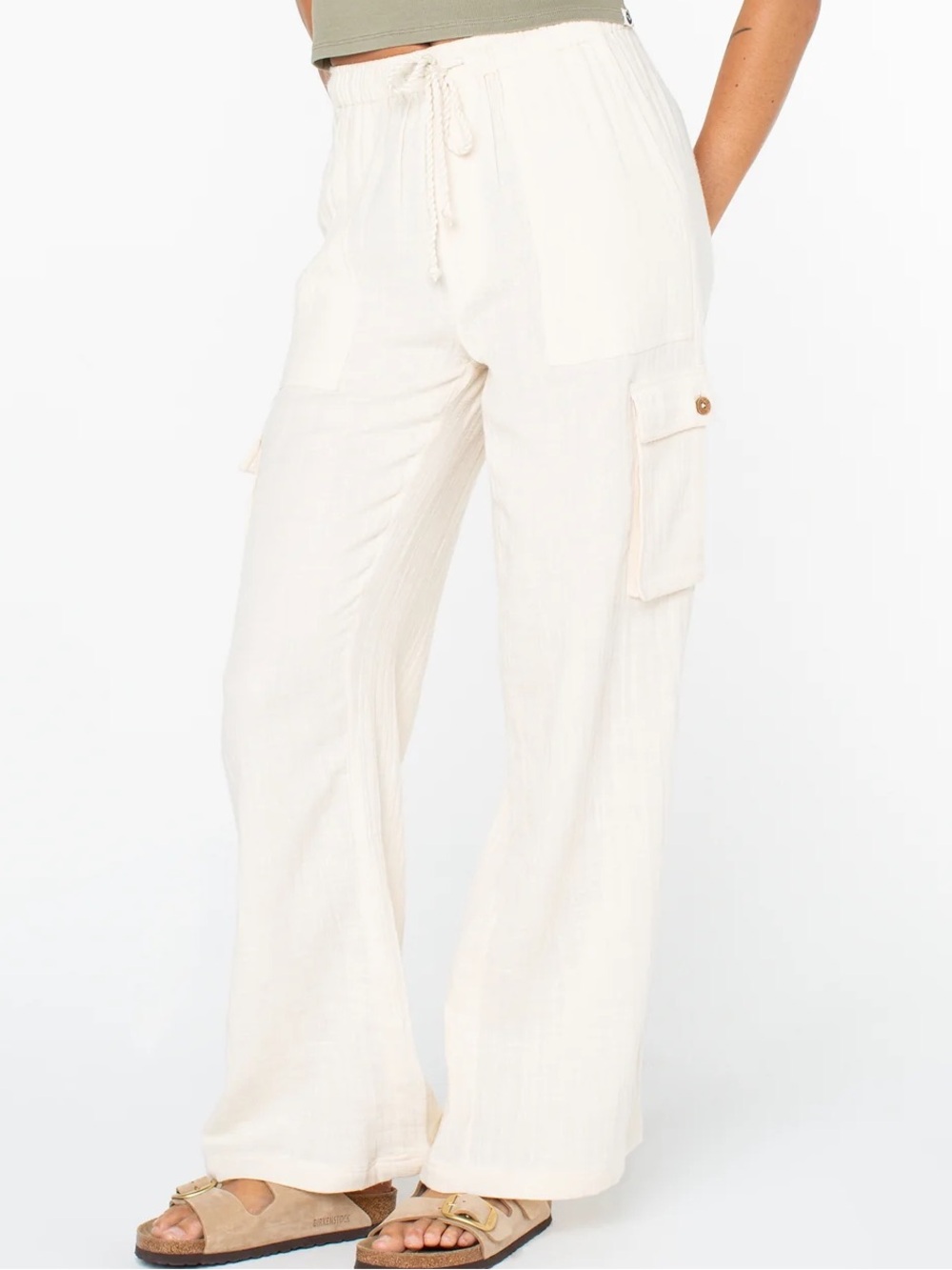 Roxy Women's White Cargo Lounge Pants Lightweight Drawstring Trousers